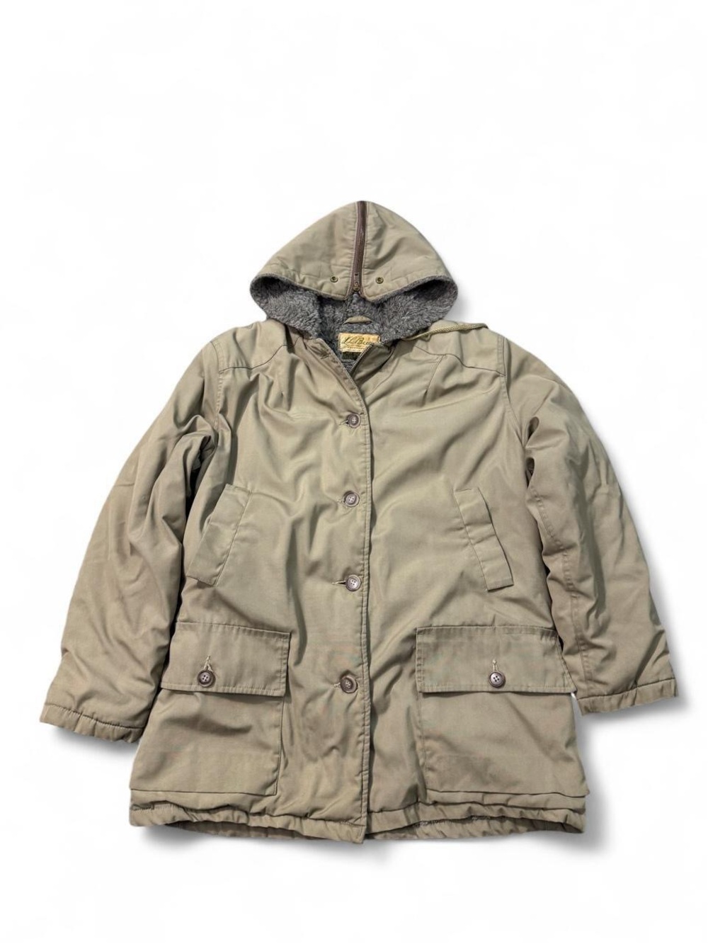VTG 60s 70s L.L Bean script B-9 split hood parka coat beige fur lined 14 S mens